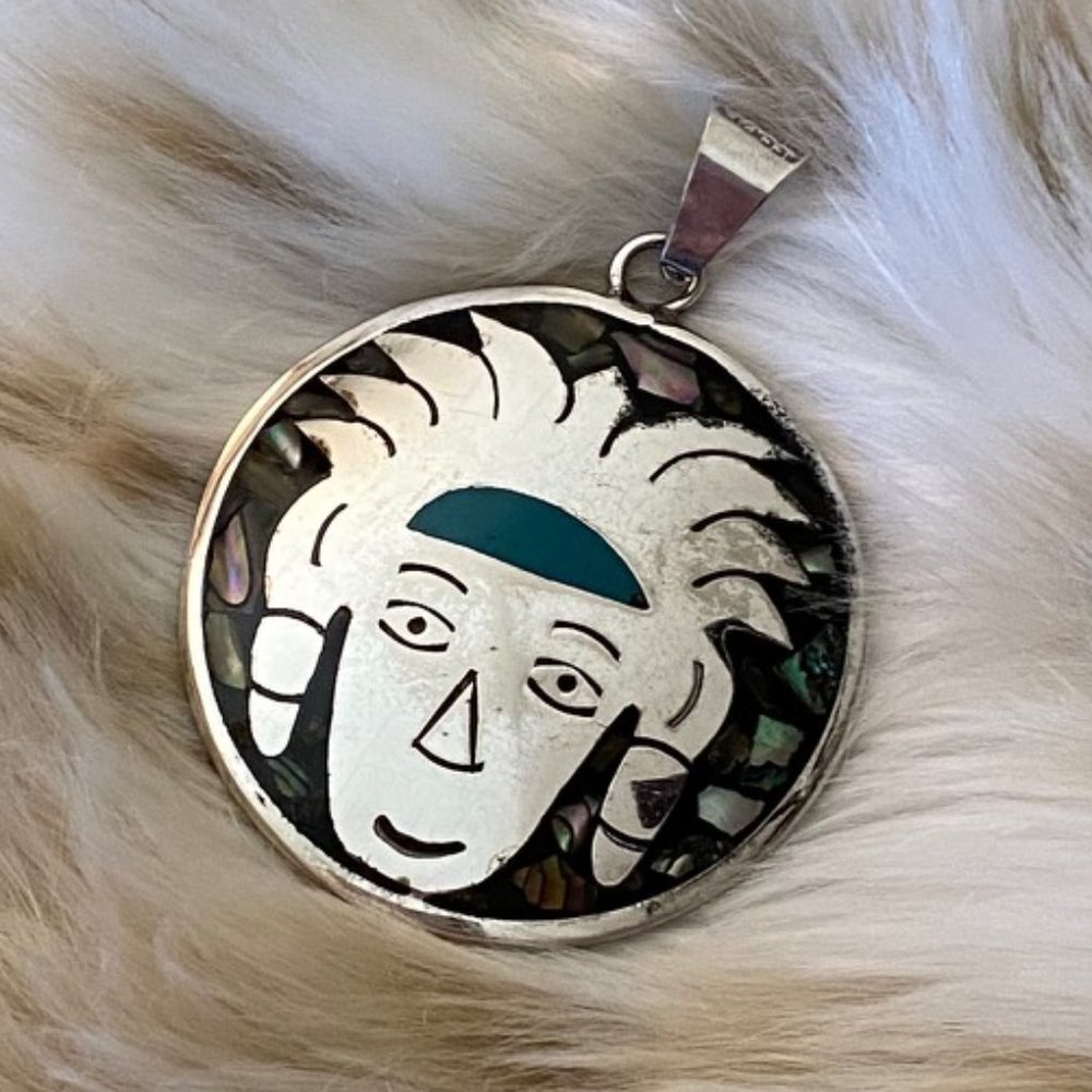Vintage Two-Sided Sterling Silver Pendant - Mother of Pearl & Turquoise 2 1/8”